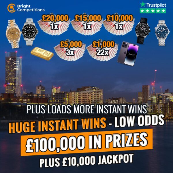 Low Odds - £110,000 Value | 100 Instant Prizes Worth £100k | £10k Jackpot -£20,000 Instant Win / Rolexes / Omega / Cash