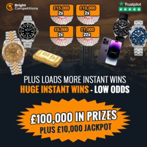 Low Odds - £110,000 Value | 100 Instant Prizes Worth £100k | £10k Jackpot - 2x £15,000 Instant Wins / Rolexes / Omega / Cash
