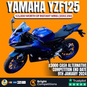 Brand New Yamaha YZFR125 or £3,000 Cash + 20x £250 Cash Instant Wins