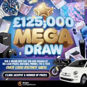 £125,000 INSTANT WIN MEGA DRAW + £3,000 Jackpot & Runners Up - Over 1,000 Instant Wins - Car, Cash, Bikes Tech